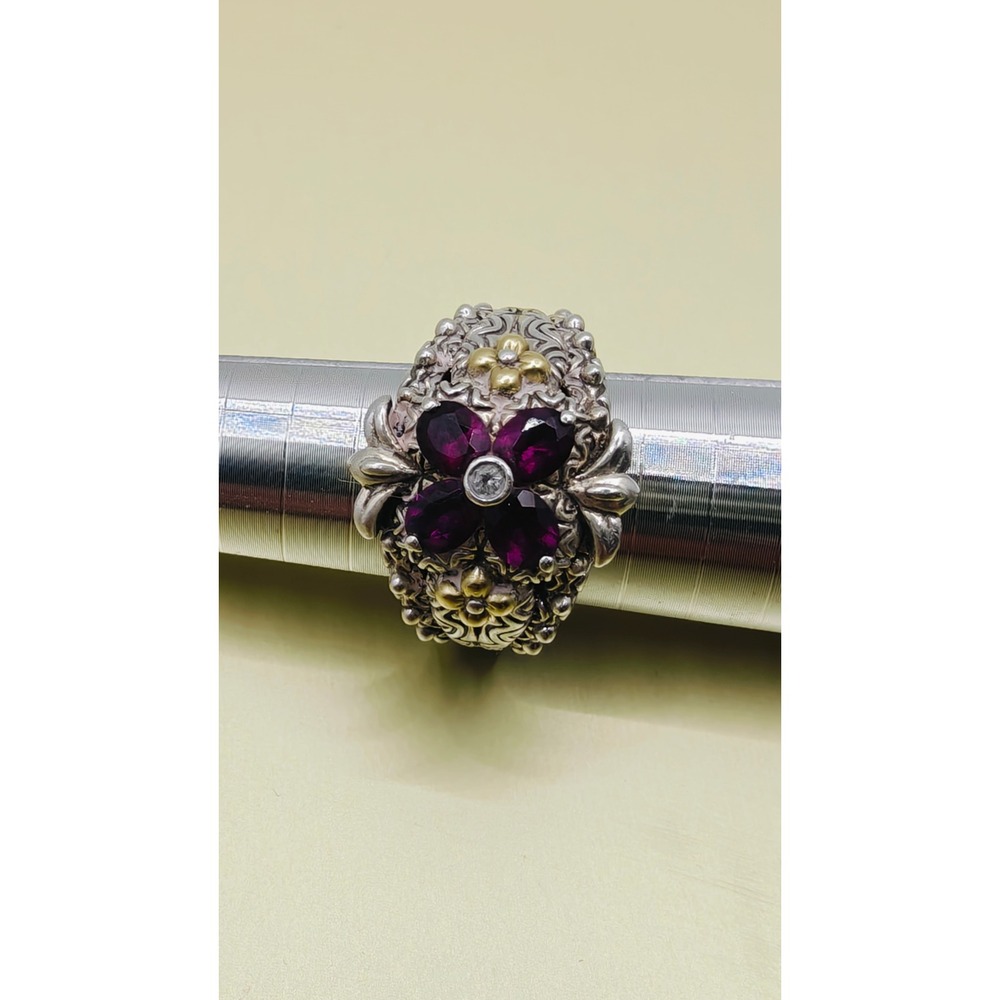 Barbara Bixby Sterling Silver 18K Gold Garnet White Topaz Floral Ring. Size 7 - Picture 11 of 11